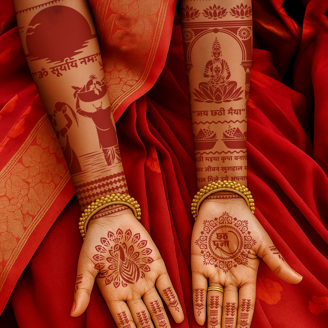 Chhath Puja Stencil Mehndi Sticker Design for Hands Chhath Maiya & Surya Dev Beautiful Arghya Puja Mehndi Design for Women Festival-Ready Cultural Heena Design