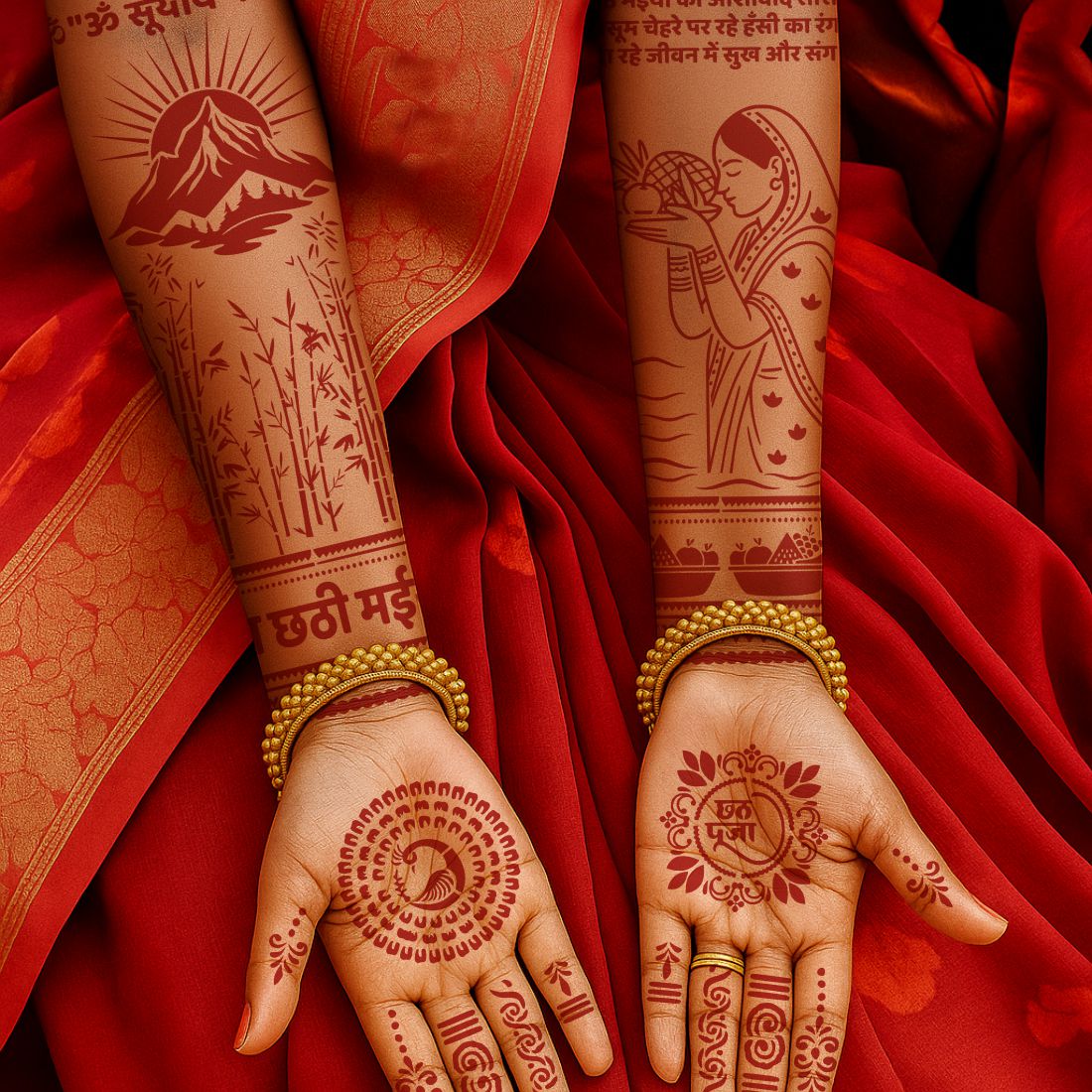 Traditional Indian Festival Henna Stencil Art Featuring Devotee, Sun God & Arghya Motifs Elegant Cultural Mehndi Stencil Pattern for Women Easy & Beautiful Chhath Maiya Heena Design for Celebration