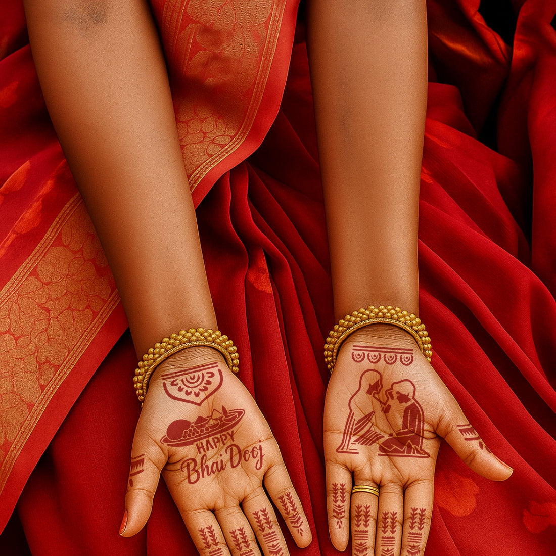 Happy Bhai Dooj Stencil Mehndi Sticker Design for Hands Brother-Sister Festival Heena Art Mehndi Featuring Ritual Plate, Diyas & Bhai Behan