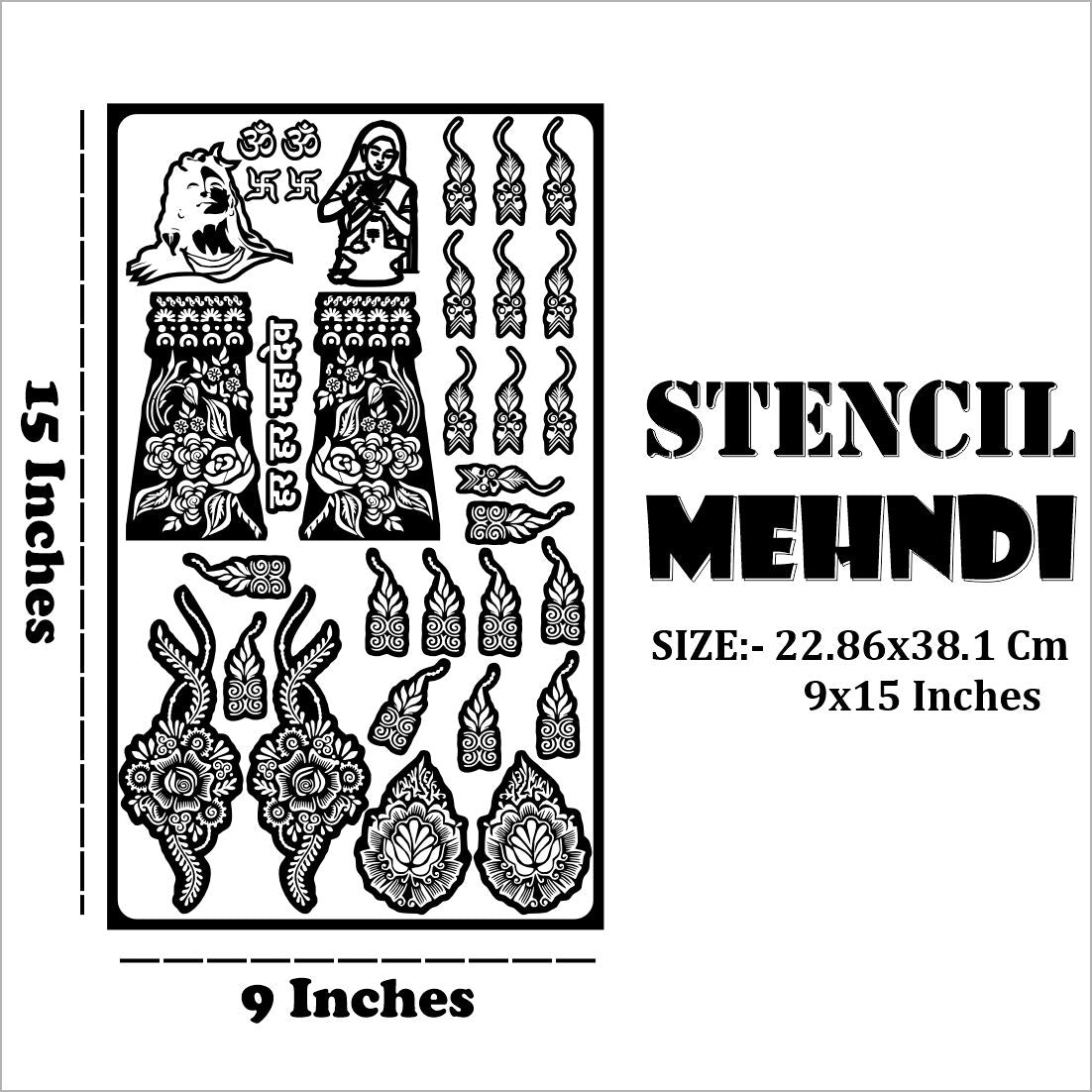 Devotional Shiva Mehndi Stencil Sheet with Om, Trishul, Har Har Mahadev Text & Floral Full Hand Design for Spiritual Festive Body Art