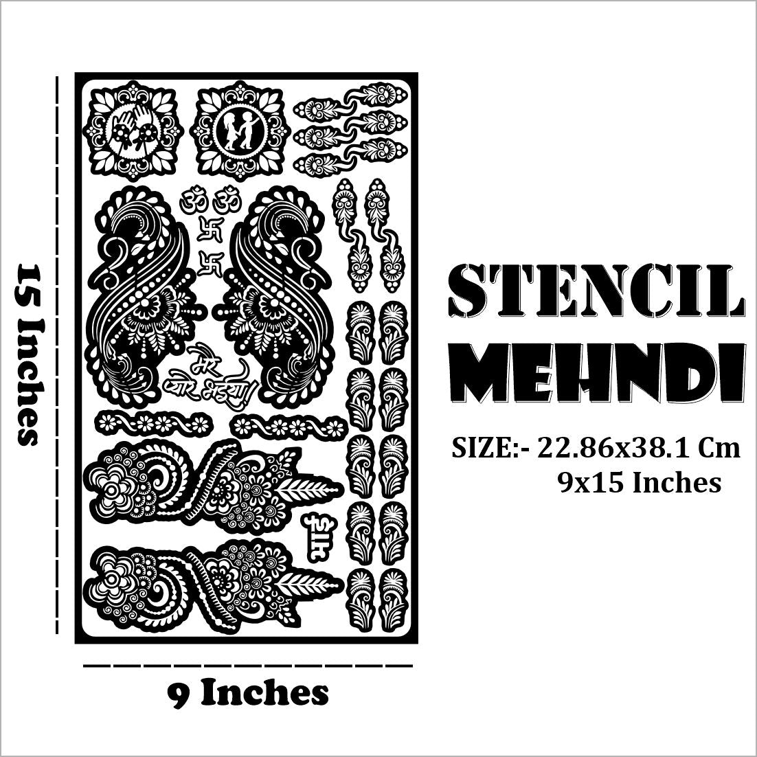 Emotional Rakhi Festival Mehndi Stencil With Bhaiya Sister Motif, Om, Swastik, Mandala, Wristbands, Floral Borders And Finger Detailing Designs