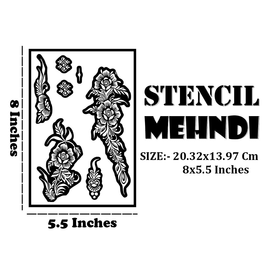 Beautiful Floral Mehndi Stencil Featuring Roses, Leaves & Matching Finger Motifs
