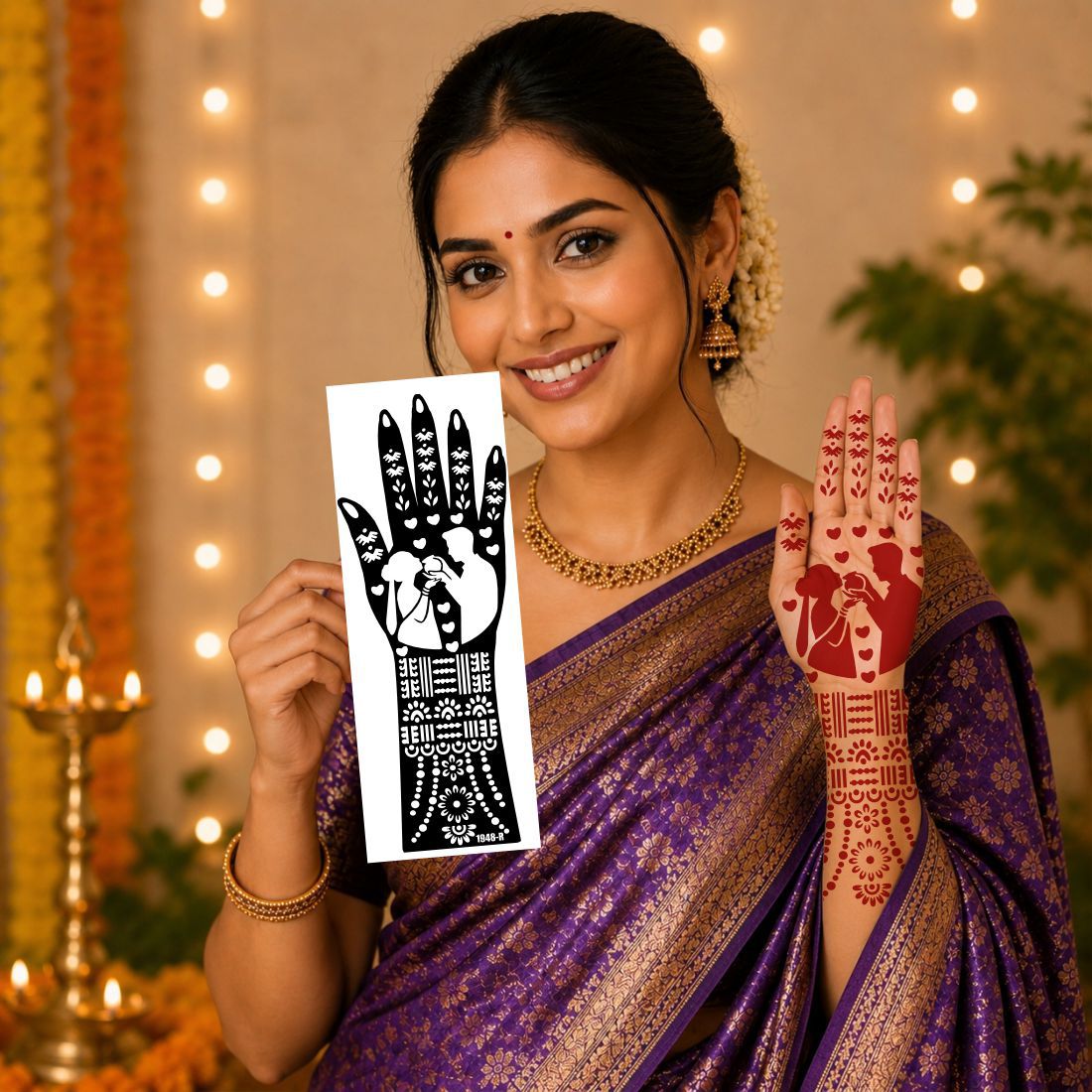 Karwa Chauth Mehndi Stencil Sticker For Women & Girls Traditional Henna Design Template Easy Apply Festival Mehndi Sticker