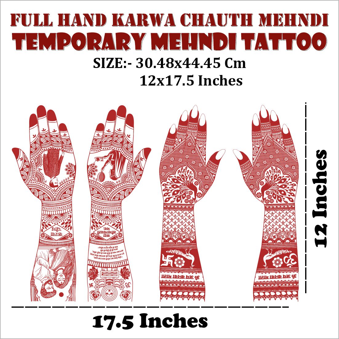 Karwa Chauth Special Full Hand Double Side Mehndi Tattoo Sticker Design With Bride, Groom & Traditional Motifs