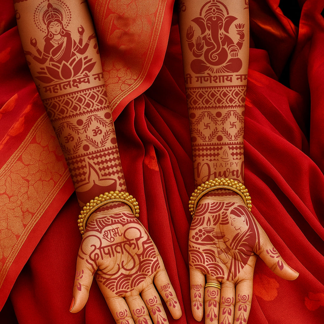 Elegant Diwali Stencil Mehndi Sticker Design for Hands Traditional Lakshmi Ganesh Festival Heena Stencil Mehndi Art “Om Shri Laxmi Ganesh Namah” and Diya