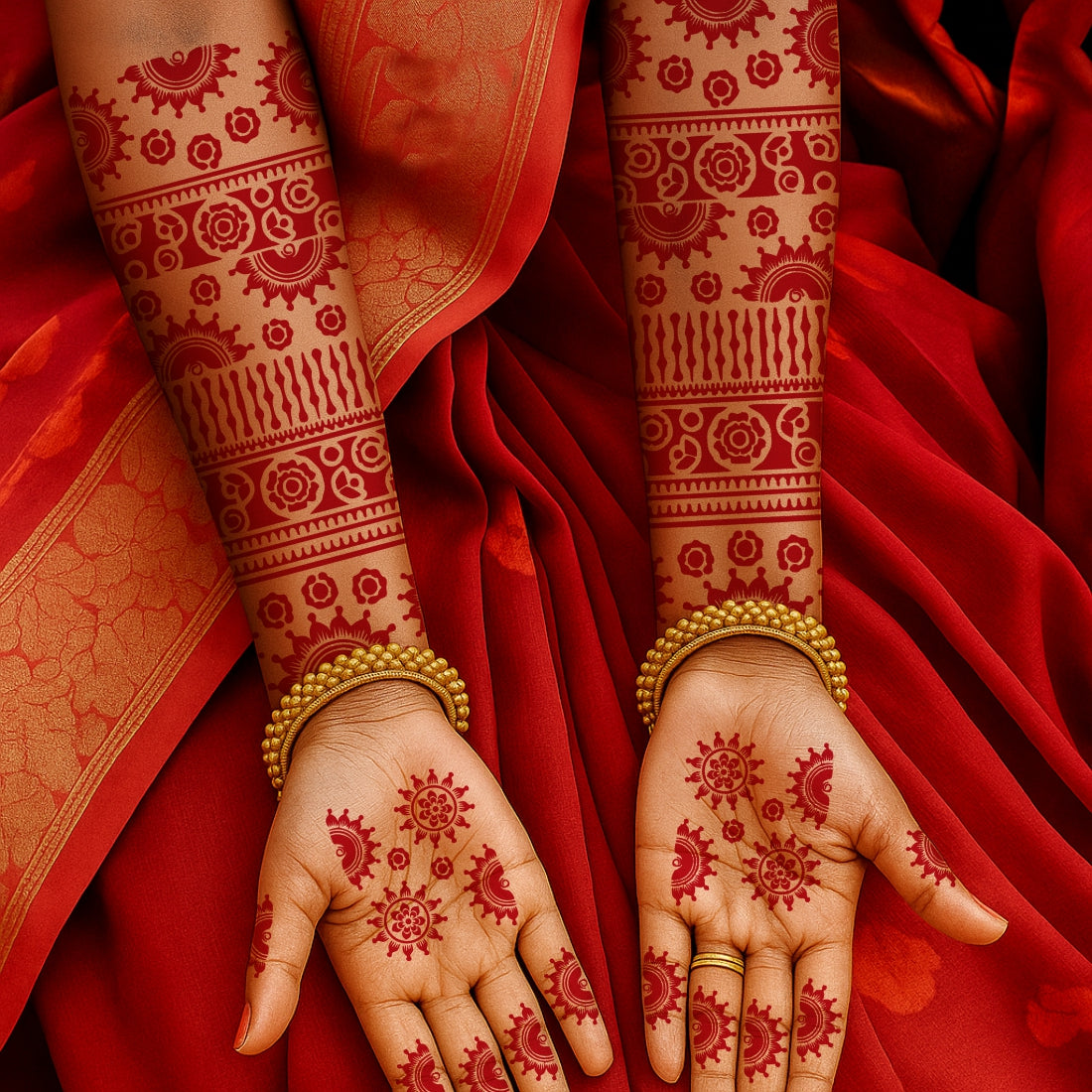 Sun And Floral Mehndi Stencil Sticker With Traditional Patterns For Hands And Fingers