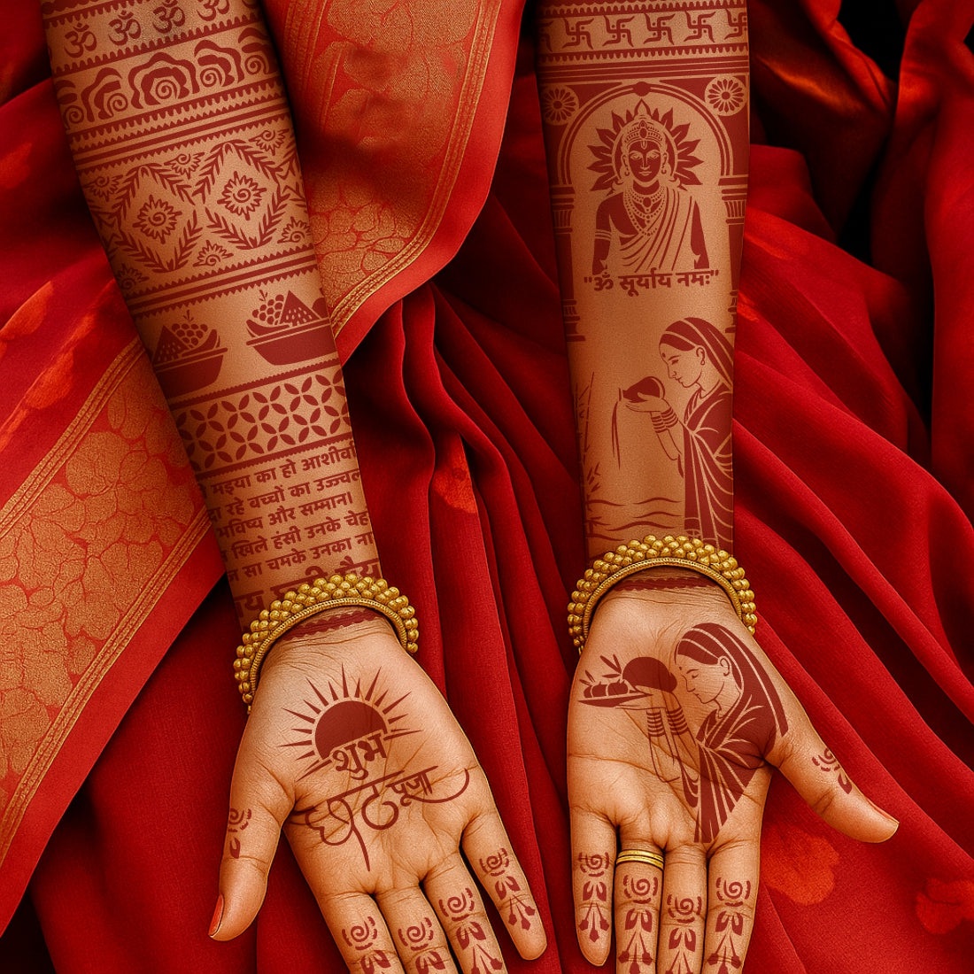 Chhath Puja Stencil Mehndi Design for Hands Elegant Cultural Mehndi Pattern for Women Easy & Beautiful Chhath Maiya Heena Stencil Design raditional Indian Festival Henna Art