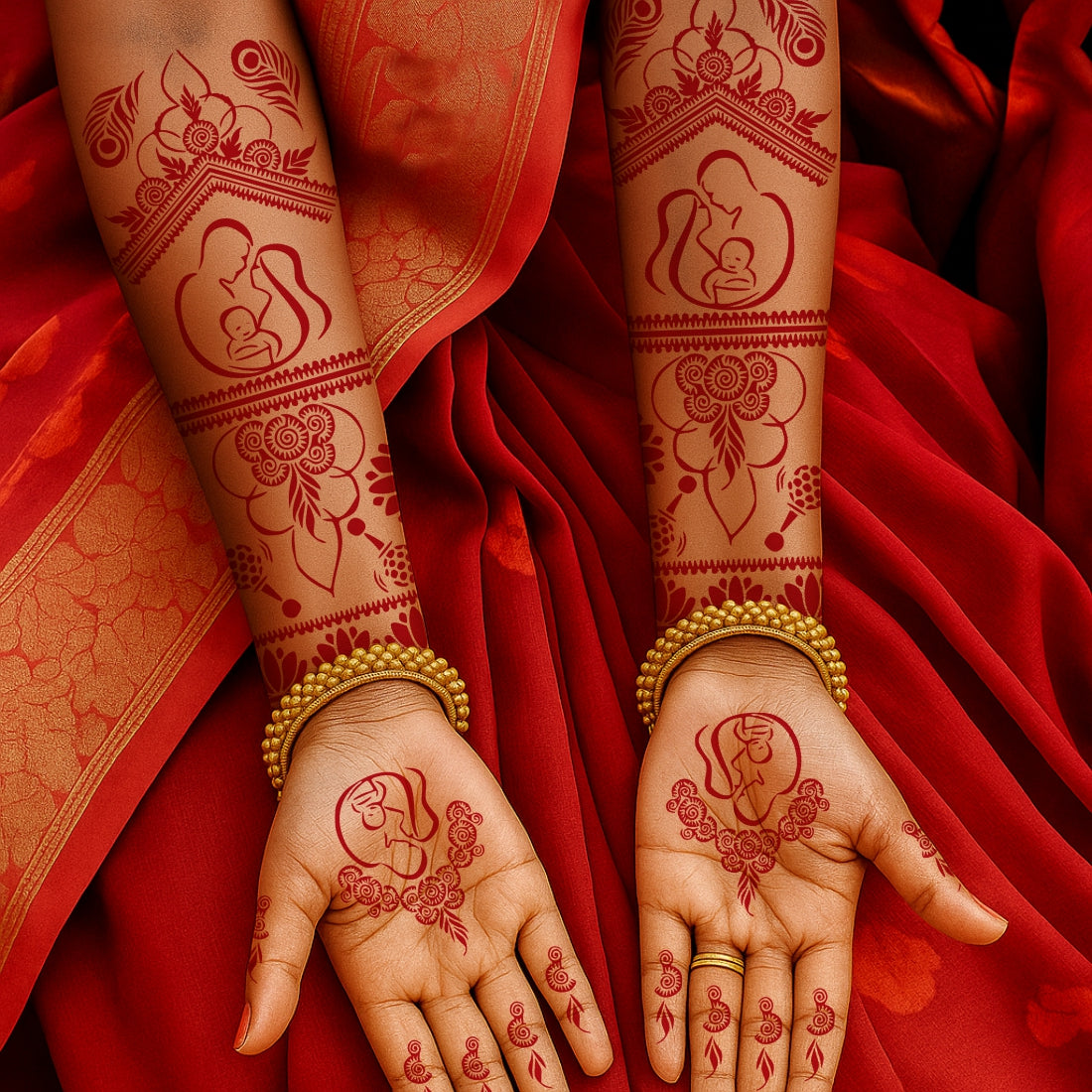 Mother And Child Mehndi Stencil Sticker With Floral And Traditional Patterns For Baby Shower Fanstion