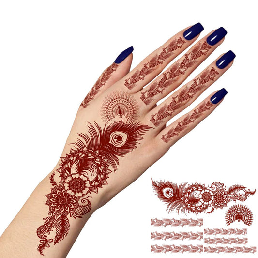 Feather with Peacock Mehndi Tattoo Design Henna Temporary Tattoo For Women
