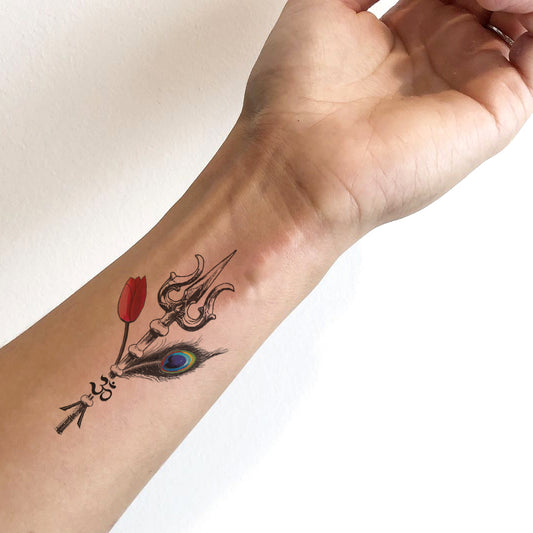 Lord Trishul with Peacock and Rose Flower Tattoo Waterproof For Boys and Girls Temporary Body Tattoo