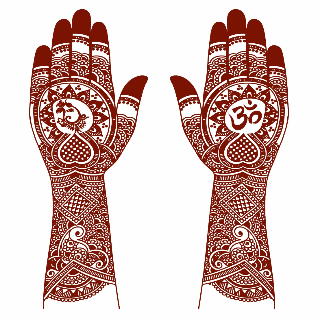 Full Hand Ganesha and Om Henna Tattoo Flower Both Hand Realistic mehndi color on hand For Women