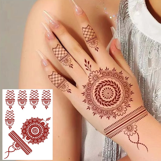 voorkoms Red-Brown Henna Tattoo Sticker Temporary Tattoos for Women Mandala Mehndi sticker for Hand (Size -6x4) 1Pair (Both Hand)