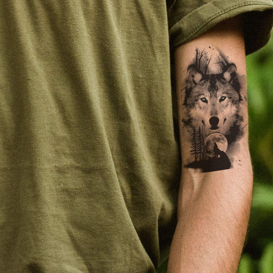 Black and Gray Wolf with Moon Temporary Waterproof Tattoo For Men and Women