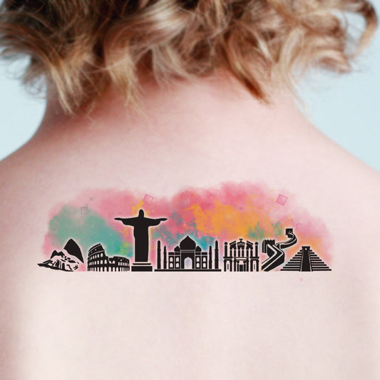 7 Seven Wonders In World Great Wall of China With Taj Mahal and Petra Temporary Tattoo Body With Boy and Girl