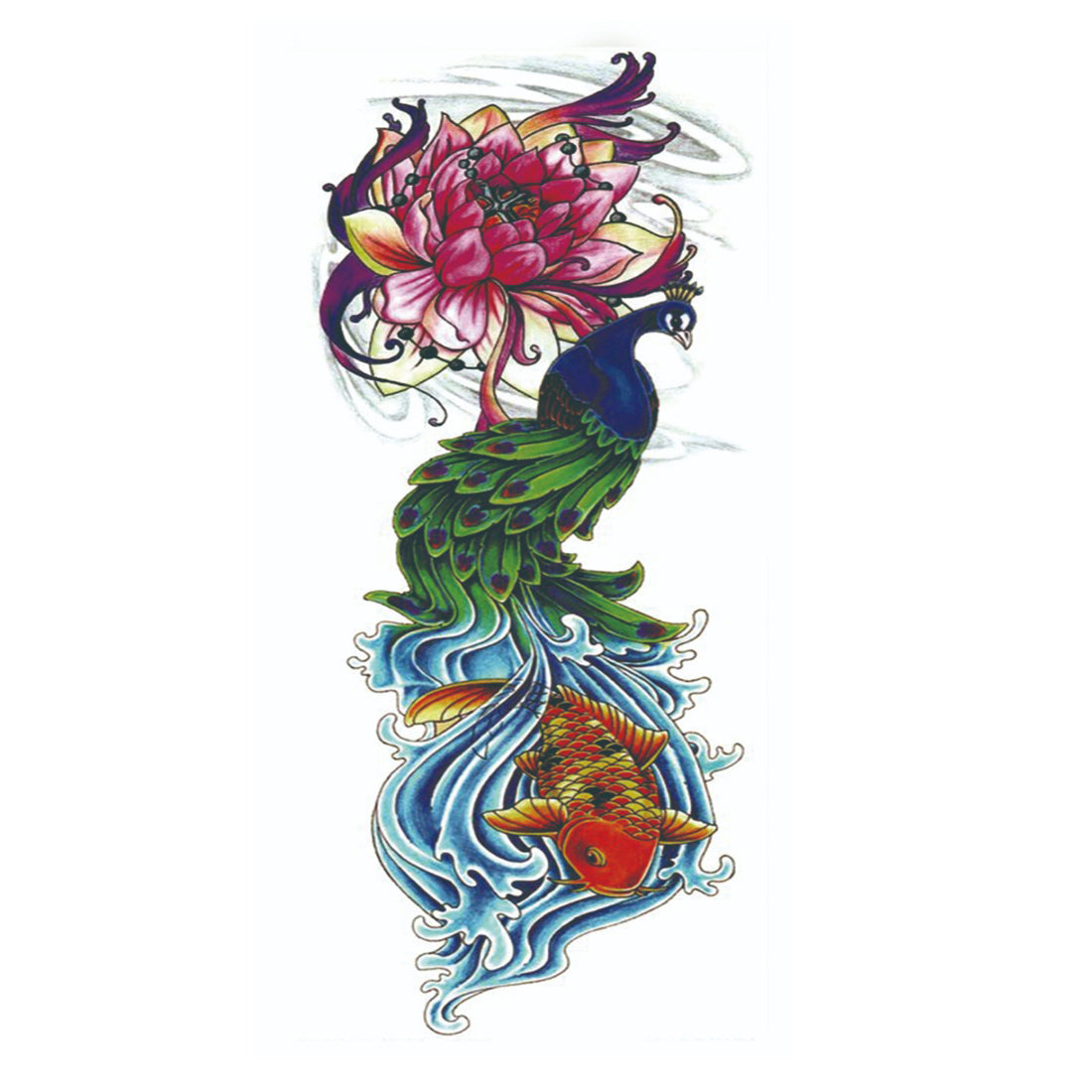 Peacock Tattoo with Fish Flower Waterproof Boys and Girls Temporary Body Tattoo