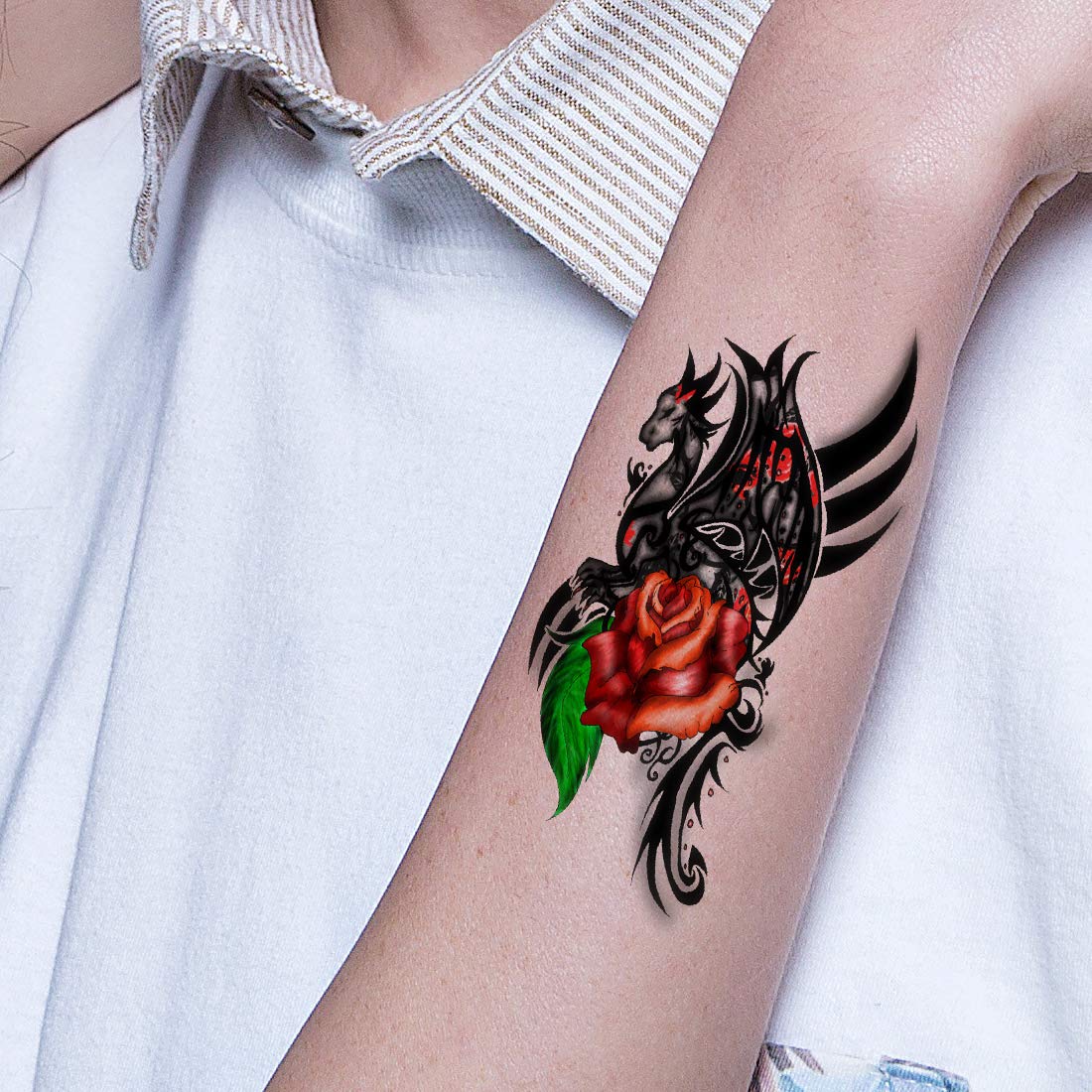 Rose Dragon with Wings Temporary Waterproof Tattoos For Men and Women