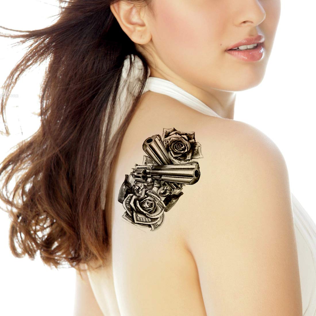 Double Rose Double Gun Body Tattoo Waterproof Male and Female Temporary Body Tattoo - Temporarytattoowala